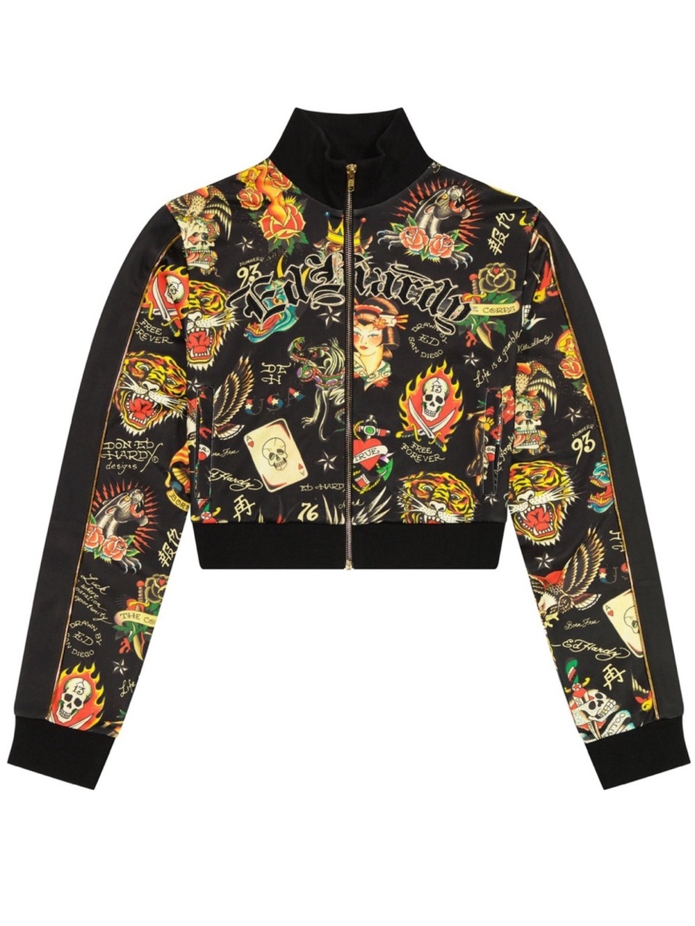 Ed Hardy Multicolor tattoo art Graphic shrunken flashboard black track jacket